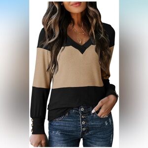 Stylish Black and Tan V-Neck Top